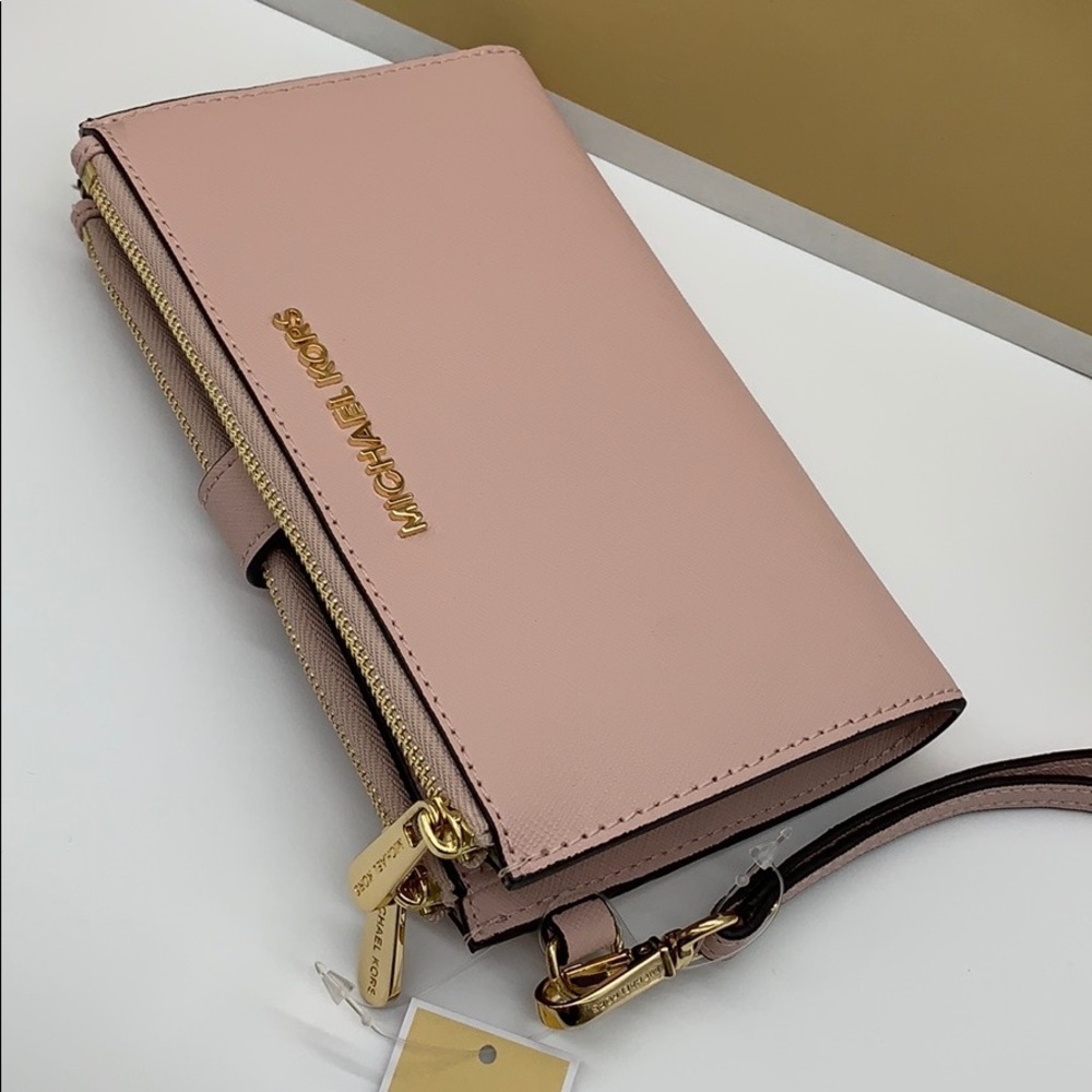 MICHAEL KORS LG DOUBLE ZIP WRISTLET BLOSSOM POWDER BLUSH NWT